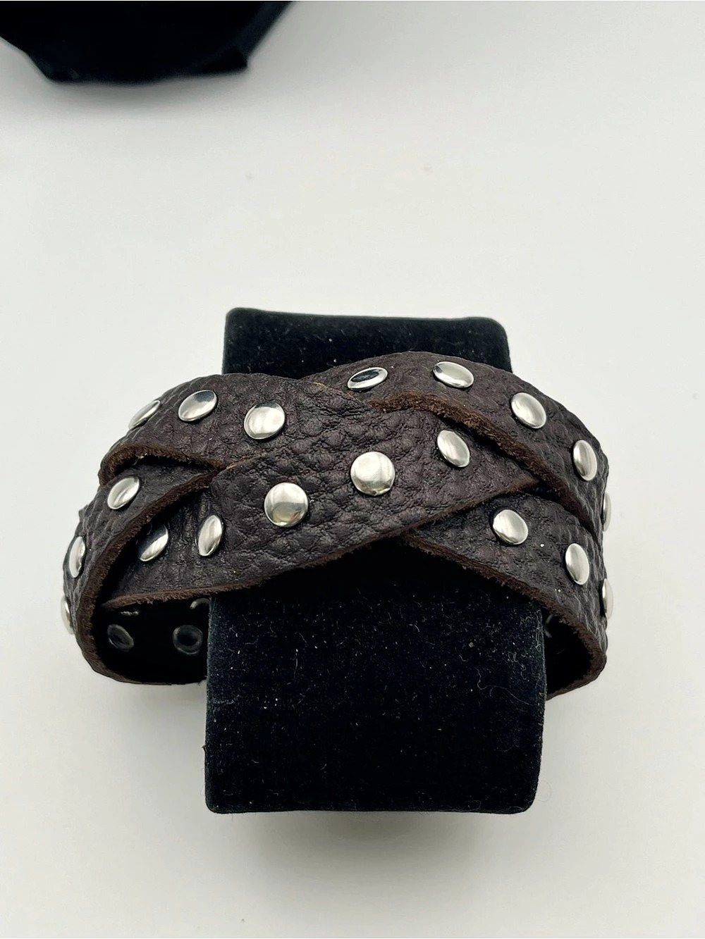 8”-9”, Studded Braided Leather Bracelet in Dark Brown